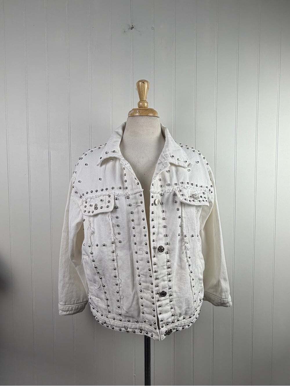 White Studded Denim Jacket | Western Glam Distressed Jacket | M/L - Picture 4 of 7